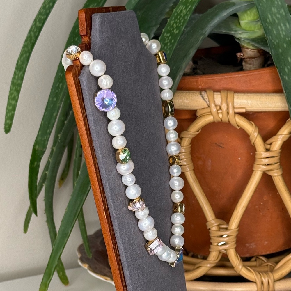 Martha Calvo Pearl Crystal Charm Necklace Gold Multicolor Statement 18” - Picture 4 of 9
